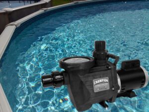 An image of a pool pump on top of the water of an above-ground pool
