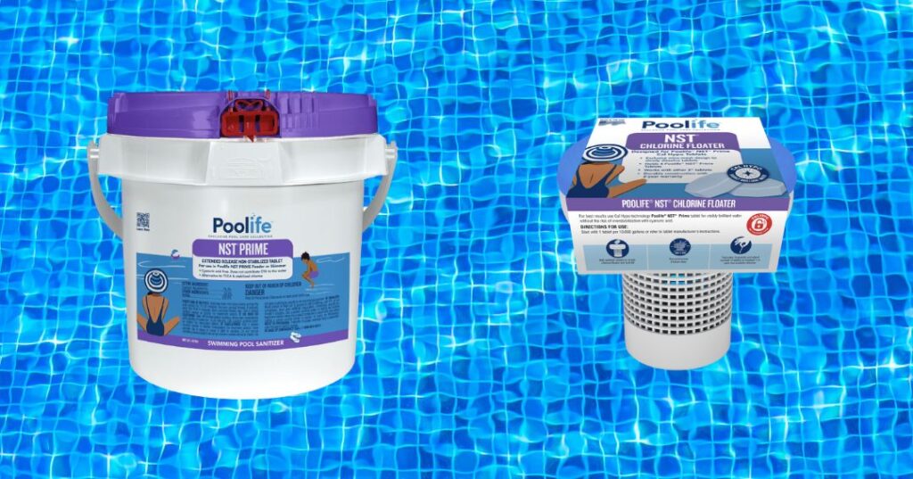NST Tablets: Should You Add Them to Your Pool Supplies List? 4 A Bucket of NST Tablets and pool supplies over a pool water backdrop.