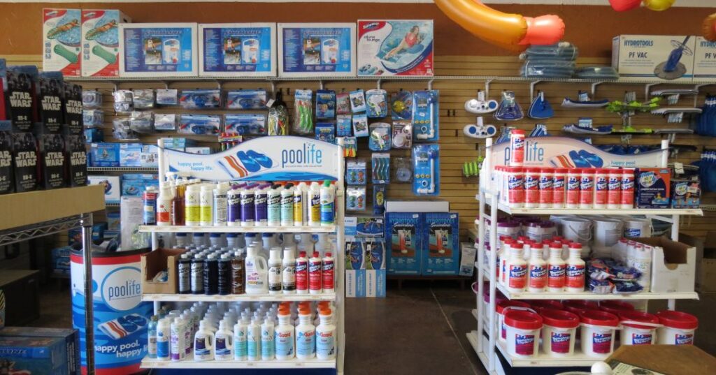 Store shelves stocked with pool supplies